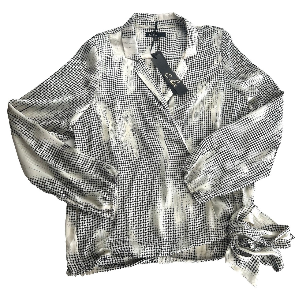 NWT‎ C. Luce blouse Office satin touch soft easy wear care Black/Cream Size L